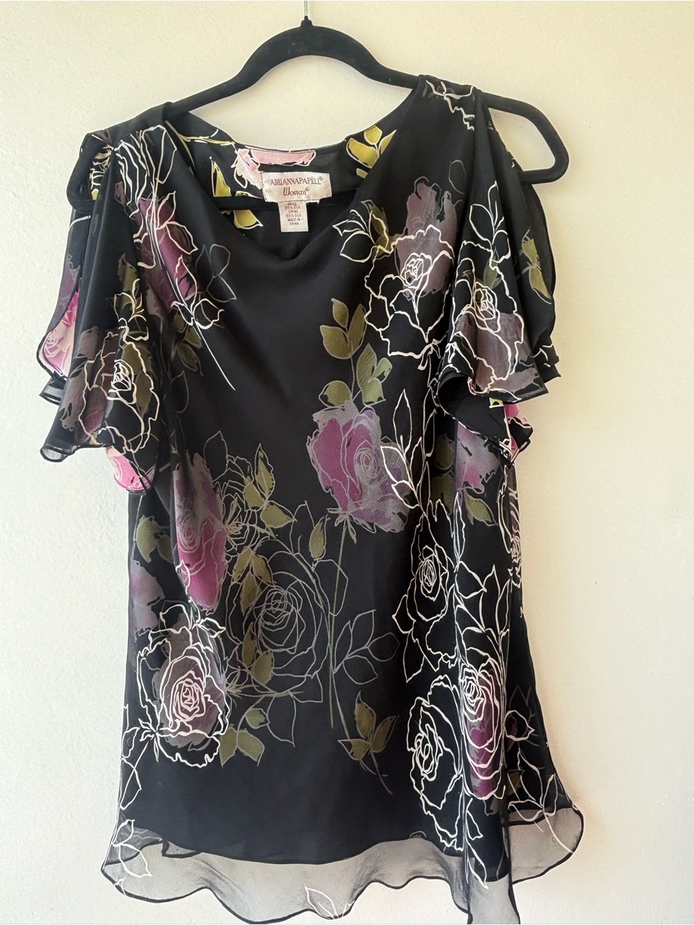 Adrianna Papell Black Floral Flutter Sleeve Blouse